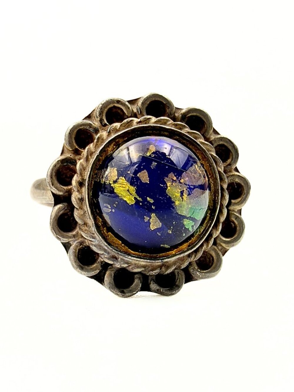 Mexico Marked Sterling Silver Dichroic Glass Round Scalloped Cocktail Ring Sz 5